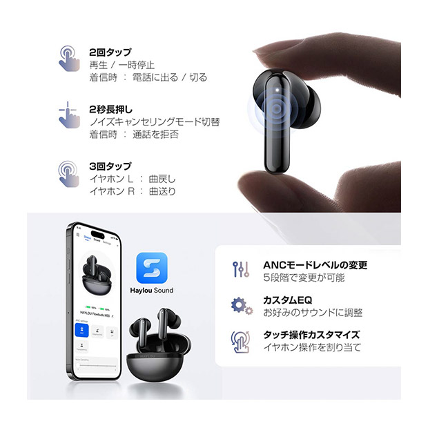 【Haylou】Flowbuds N50  ノイズキャンセリング完全ワイヤレスイヤホン ブラック（HL-HT02-BK）