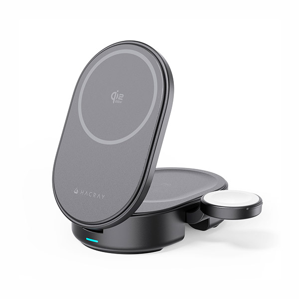 【HACRAY】 Qi2 25W認証 3 in 1 折りたたみワイヤレス充電スタンド  ブラック（HR-T11BK）