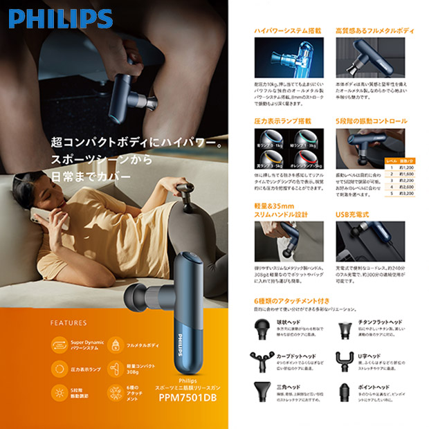 【PHILIPS】 スポーツミニ筋膜リリースガン   ダークブルー (PPM7501DB)