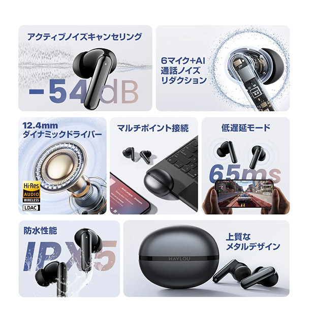 【Haylou】Flowbuds N50  ノイズキャンセリング完全ワイヤレスイヤホン ブラック（HL-HT02-BK）