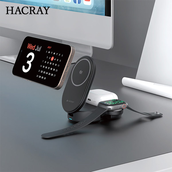 【HACRAY】 Qi2 25W認証 3 in 1 折りたたみワイヤレス充電スタンド  ブラック（HR-T11BK）