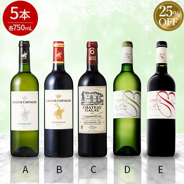 ≪25%OFF≫＜歳末セール＞大特価お買い得ボルドーワイン詰合せ　750mL×5本セット