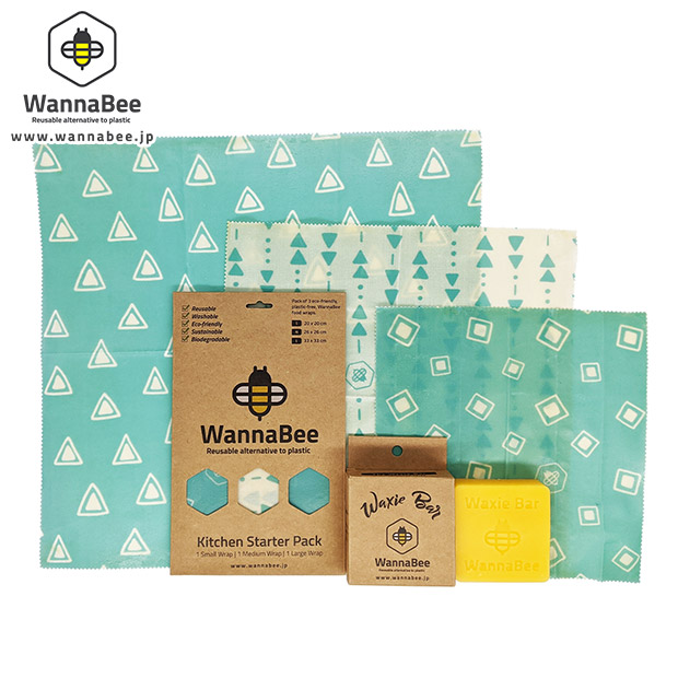 【WannaBee】蜜蝋ラップ３枚セット(S・M・Lサイズ) Teal柄＋蜜蝋バー セット
