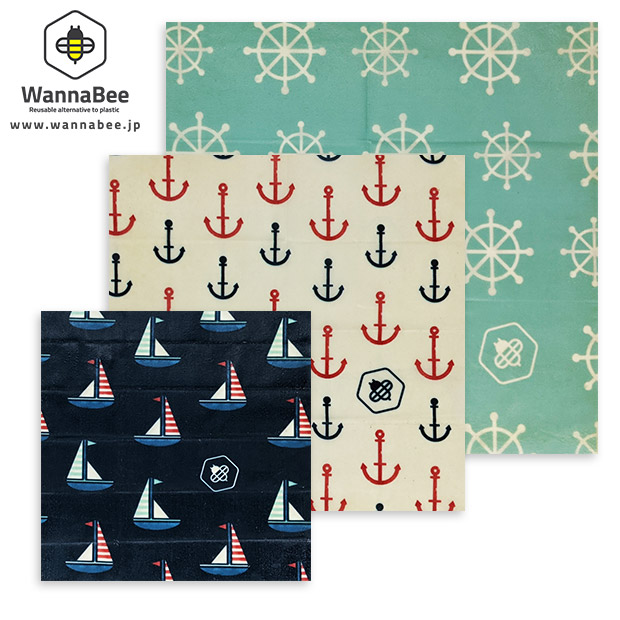 【WannaBee】蜜蝋ラップ３枚セット(S・M・Lサイズ) Marine柄＋蜜蝋バー セット