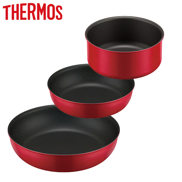 ＜ラス1セール＞【THERMOS】取っ手のとれるフライパン5点セットAB レッド (KSA-5B R)