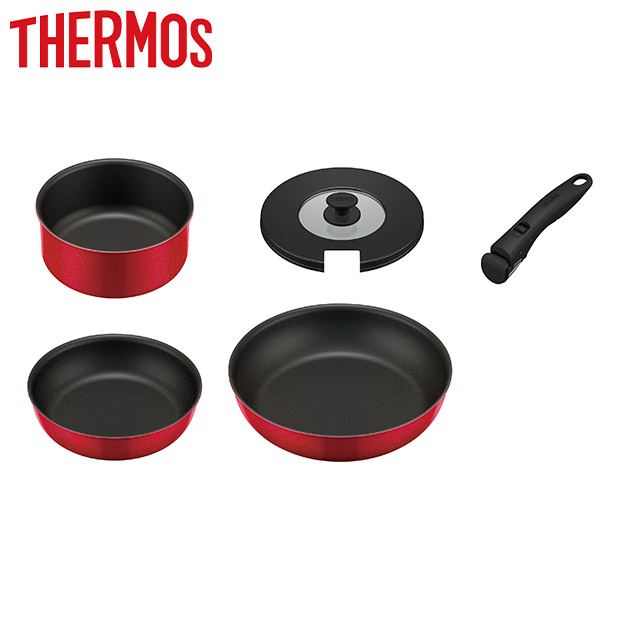 ＜ラス1セール＞【THERMOS】取っ手のとれるフライパン5点セットAB レッド (KSA-5B R)