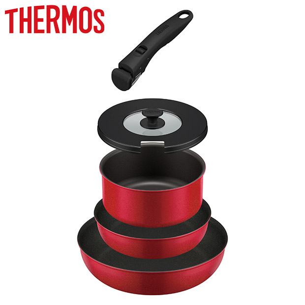 ＜ラス1セール＞【THERMOS】取っ手のとれるフライパン5点セットAB レッド (KSA-5B R)