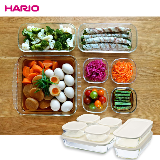 ＜新生活応援＞【HARIO】スタッキング耐熱ガラスコンテナ・スクエア　7個セット