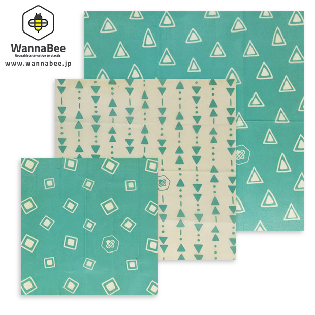 【WannaBee】蜜蝋ラップ３枚セット(S・M・Lサイズ) Teal柄＋蜜蝋バー セット