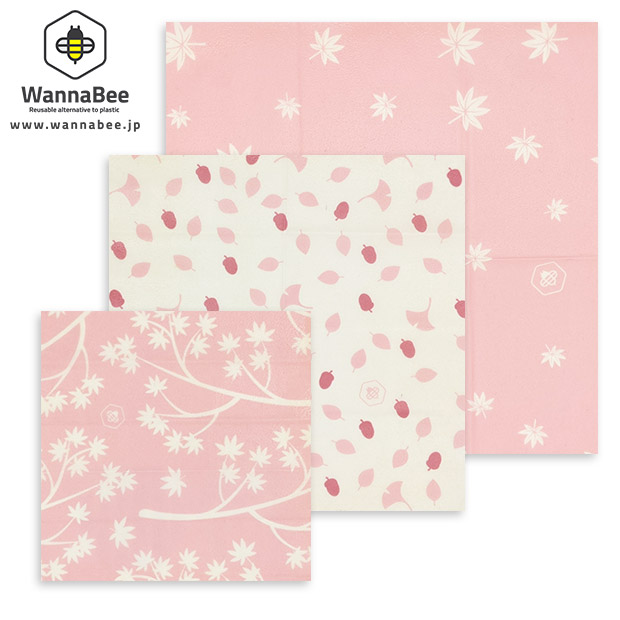 【WannaBee】蜜蝋ラップ３枚セット(S・M・Lサイズ) Pink Leaf柄＋蜜蝋バー セット
